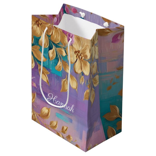 Golden Flowers Painted On Pink Lilac Turquoise Medium Gift Bag (Front Angled)