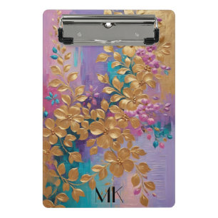 Golden Flowers Painted On Pink Lilac Turquoise Mini Clipboard