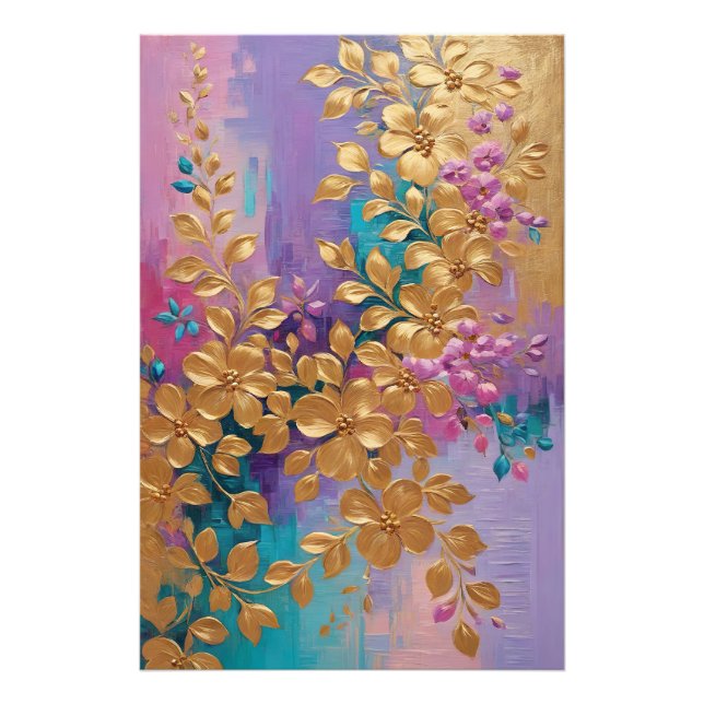 Golden Flowers Painted On Pink Lilac Turquoise Photo Print (Front)
