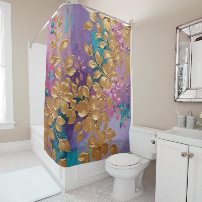 Golden Flowers Painted On Pink Lilac Turquoise Shower Curtain (In Situ)