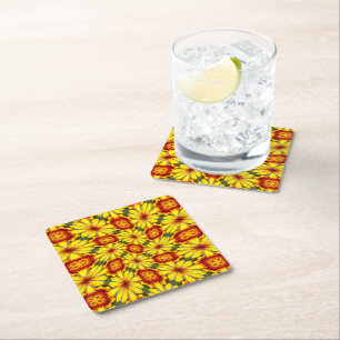 Golden Flowers Pattern Square Paper Coaster