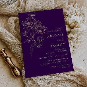 Golden Flowers Purple Modern Wedding Invitation