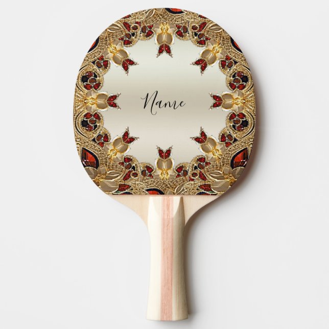 Golden Flowers Red Decorative Ping Pong Paddle (Front)