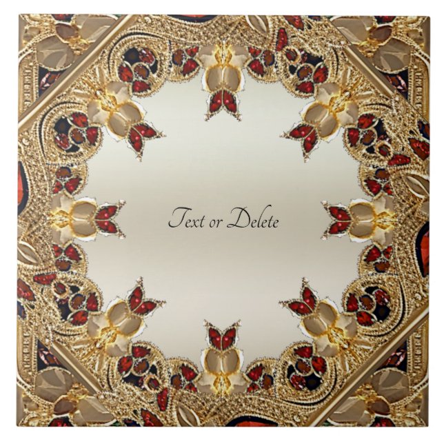 Golden Flowers Red Gemstone Ceramic Tile (Front)