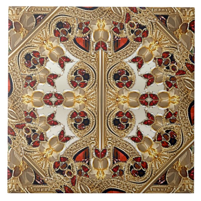 Golden Flowers Red Gemstone Ceramic Tile (Front)