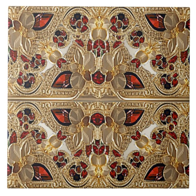 Golden Flowers Red Gemstone Ceramic Tile (Front)
