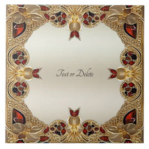 Golden Flowers Red Gemstone Ceramic Tile