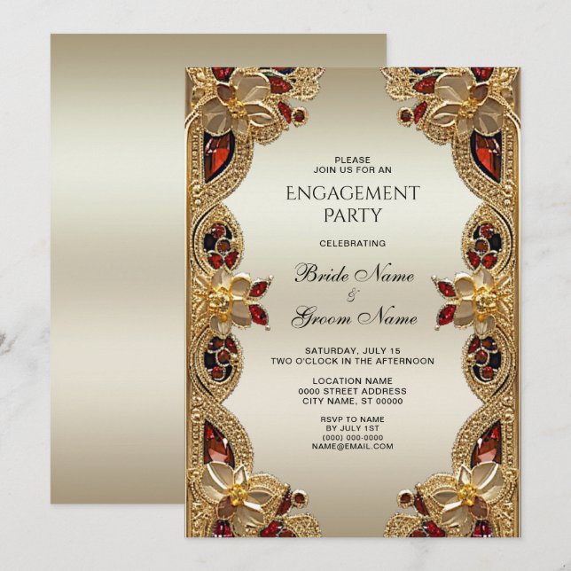 Golden Flowers Red Gemstone Engagement Invitation (Front/Back)