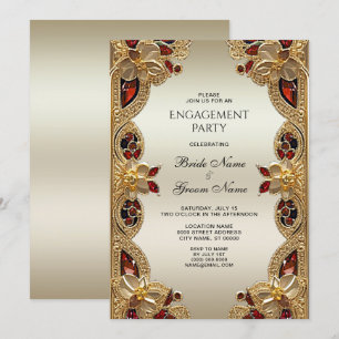 Golden Flowers Red Gemstone Engagement Invitation