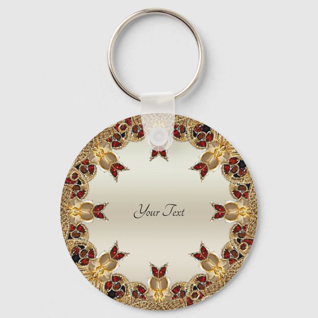 Golden Flowers Red Gemstone Keychain (Front)