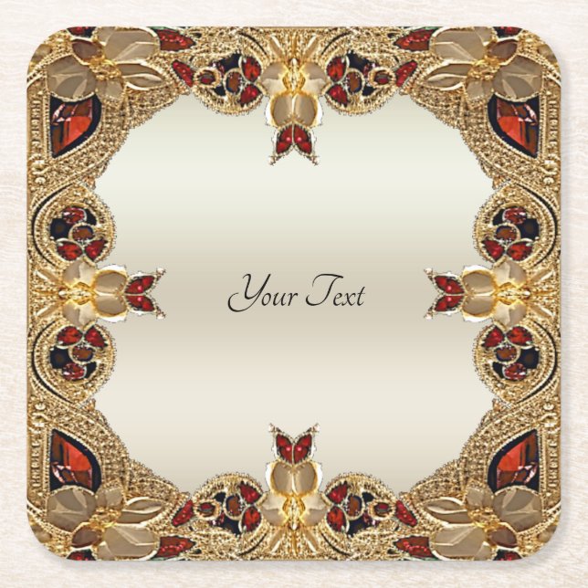 Golden Flowers Red Gemstone Paper Coaster (Front)