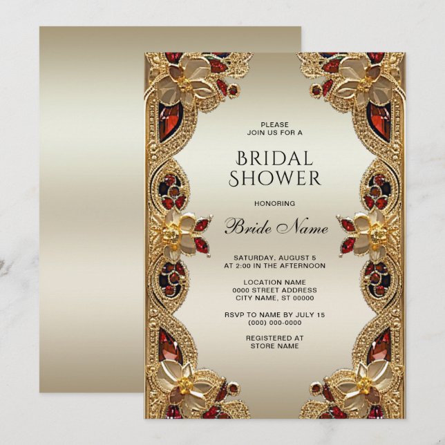 Golden Flowers Red Gemstone Splendour Bridal Showe Invitation (Front/Back)