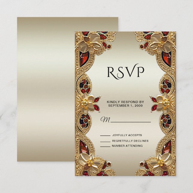 Golden Flowers Red Gemstone Splendour RSVP Card (Front/Back)