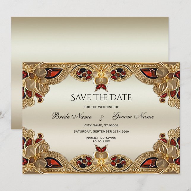 Golden Flowers Red Gemstone Splendour Save The Dat Save The Date (Front/Back)
