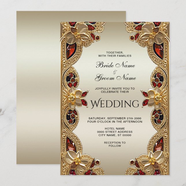Golden Flowers Red Gemstone Splendour Wedding Invitation (Front/Back)
