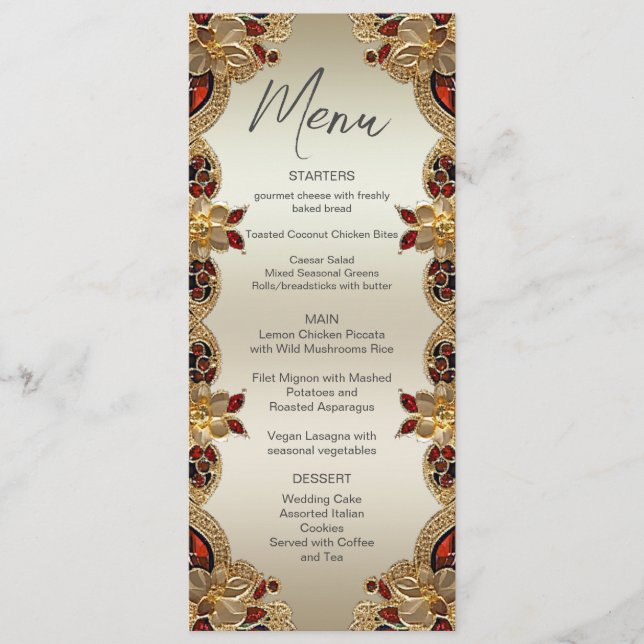 Golden Flowers Red Gemstone Splendour Wedding Menu (Front)
