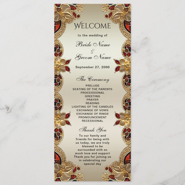 Golden Flowers Red Gemstone Splendour Wedding Programme (Front)
