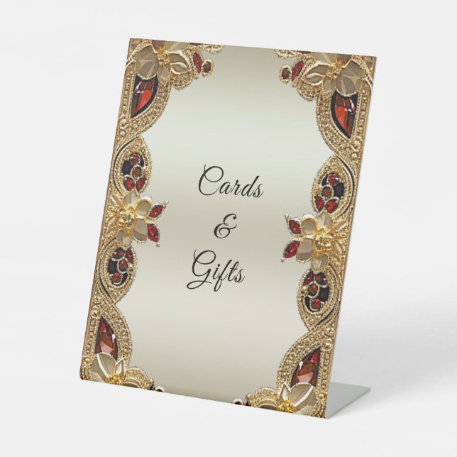 Golden Flowers Red Gemstone Tabletop Signs (Front)