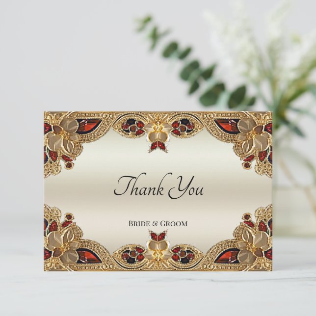 Golden Flowers Red Gemstone Thank You Card (Standing Front)