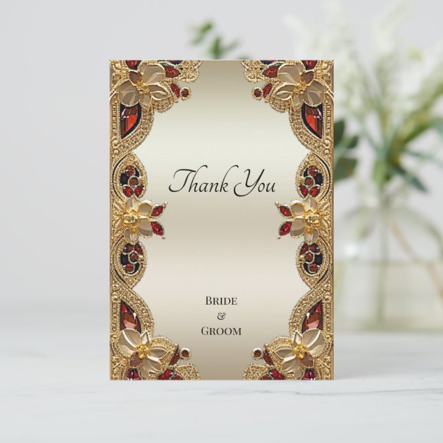 Golden Flowers Red Gemstone Thank You Card (Standing Front)