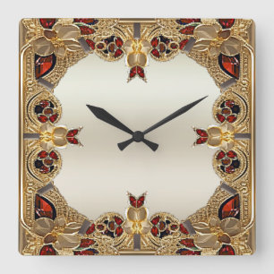 Golden Flowers Red Gemstone Wall Clock