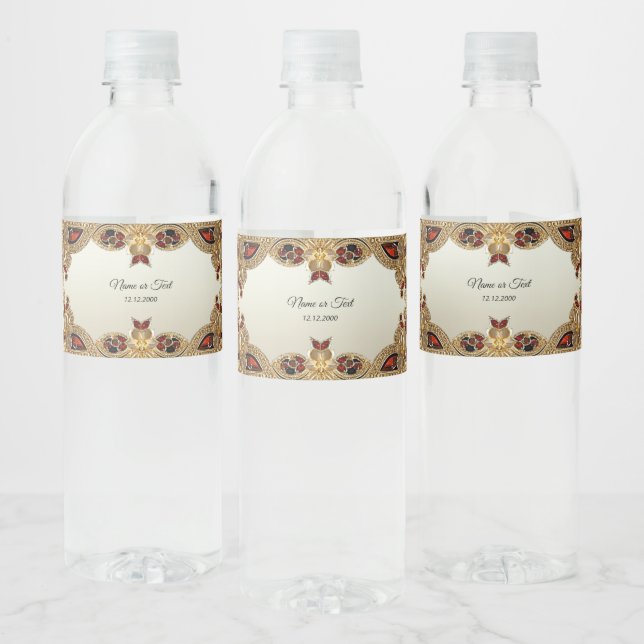 Golden Flowers Red Gemstone Water Bottle Label (Bottles)