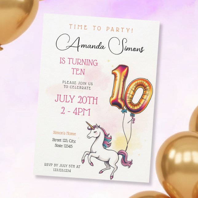 Golden Foil Balloon Unicorn Girl 10th Birthday Invitation (Creator Uploaded)