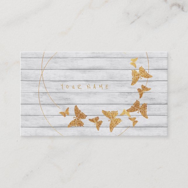 Golden Foil Butterfly White Wood Circles Vip Business Card (Front)