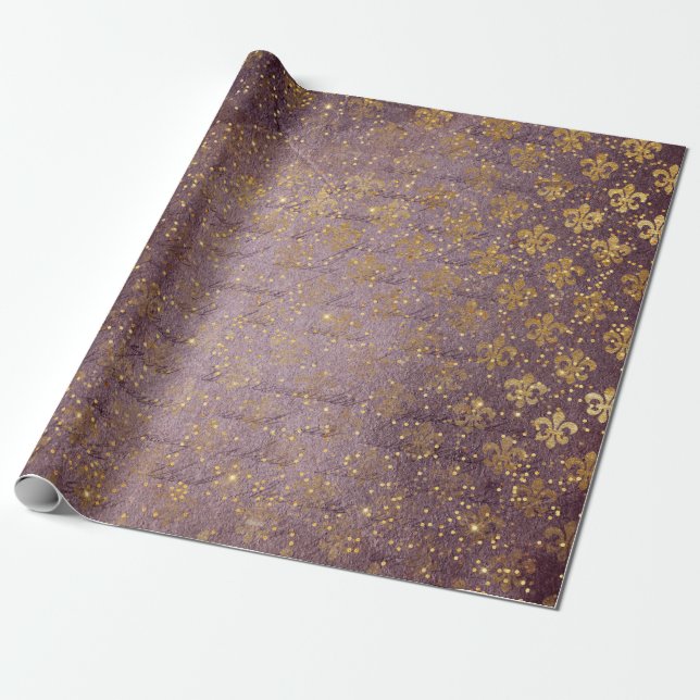 Golden Foil Crown Confetti Royal Purple Velvet Wrapping Paper (Unrolled)