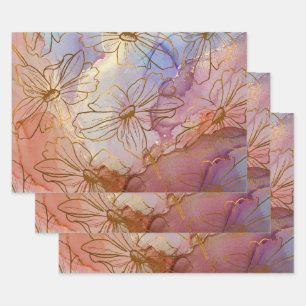 Golden Foil Flowers on Pastel Abstract  Wrapping Paper Sheet