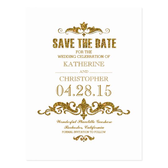 golden foil glitter - confetti save the date postcard