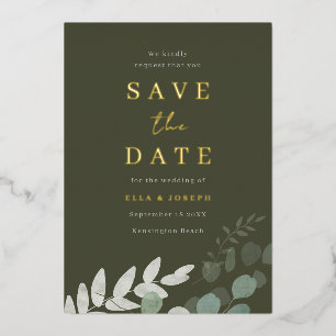 Golden Foil Green Leaf Olive Wedding Save The Date
