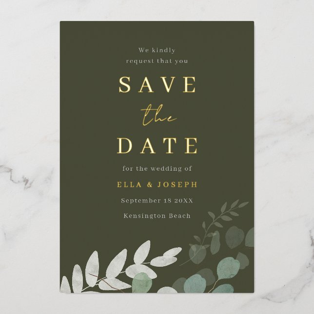 Golden Foil Green Leaf Olive Wedding Save The Date (Front)