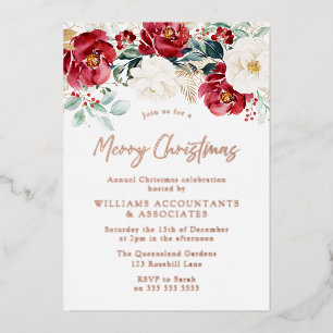Golden Foil Red White Floral Merry Christmas Party