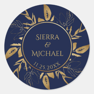 Golden Foliage   Elegant Gold Navy Blue Wedding Classic Round Sticker