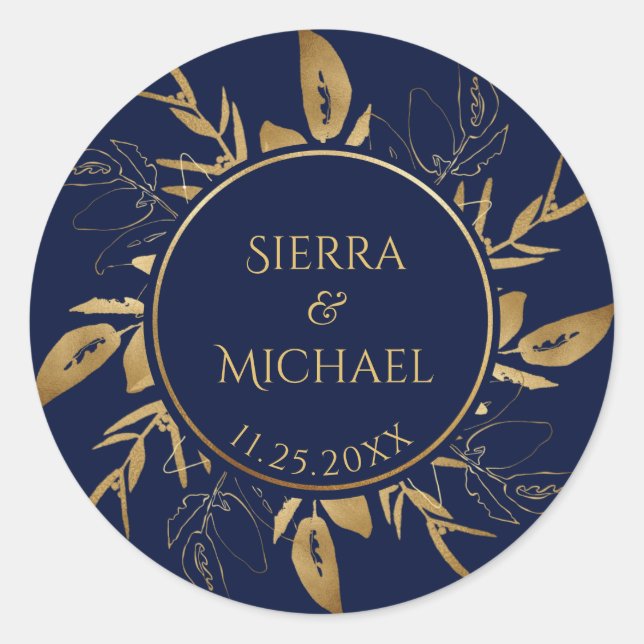 Golden Foliage | Elegant Gold Navy Blue Wedding Classic Round Sticker (Front)