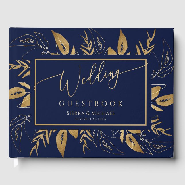 Golden Foliage | Elegant Gold Navy Blue Wedding Guest Book (Front)