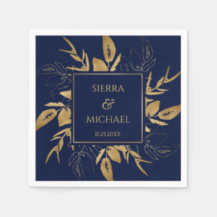 Golden Foliage   Elegant Gold Navy Blue Wedding Napkin