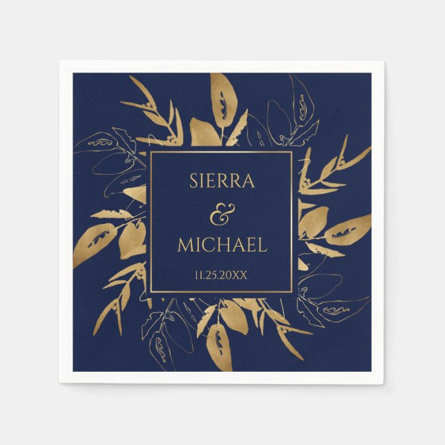 Golden Foliage | Elegant Gold Navy Blue Wedding Napkin (Front)