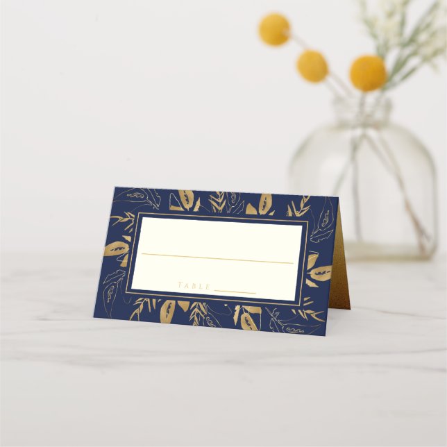 Golden Foliage | Elegant Gold Navy Blue Wedding Place Card (Front)