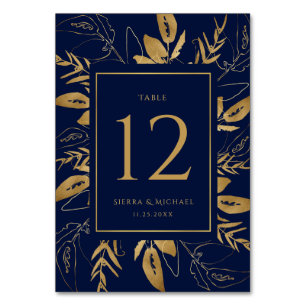 Golden Foliage   Elegant Gold Navy Blue Wedding Table Number