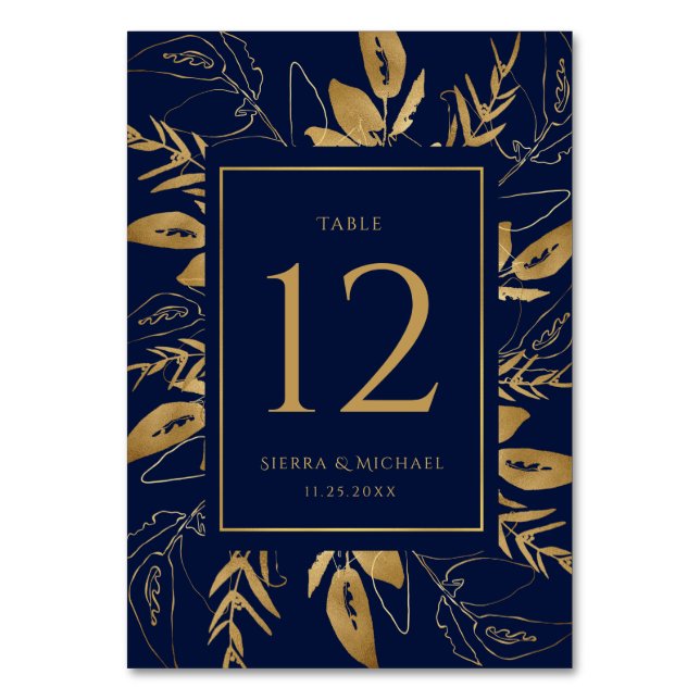 Golden Foliage | Elegant Gold Navy Blue Wedding Table Number (Front)
