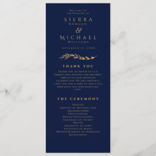 Golden Foliage   Elegant Navy Blue Gold Wedding Programme