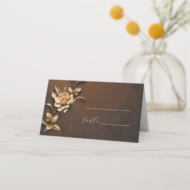 Golden foliage vintage wedding place card (Front)