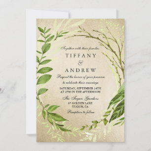 Golden Forest Leaf Wreath Wedding Invitation