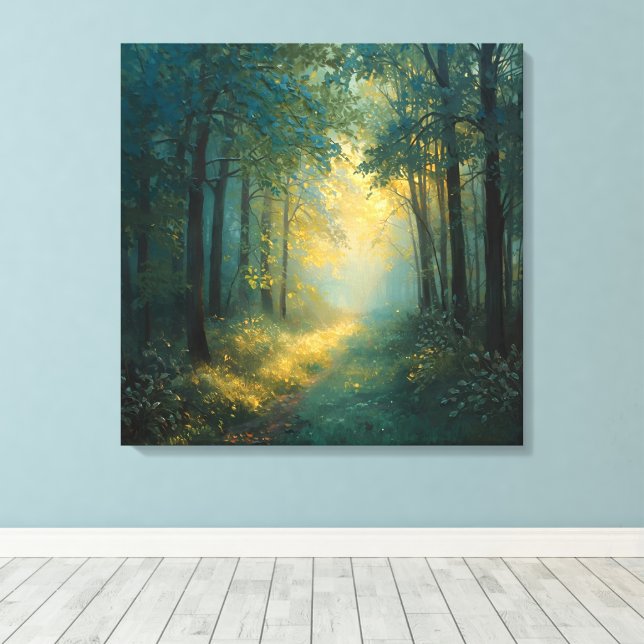 Golden Forest Path – Tranquil Nature Landscape Art Canvas Print (Insitu(Wood Floor))