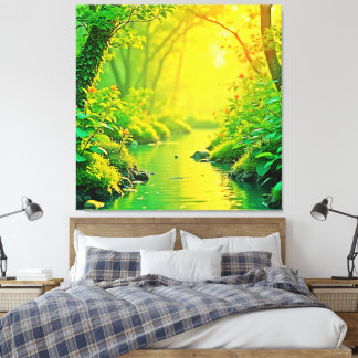 Golden Forest Stream Peaceful Art Canvas Print