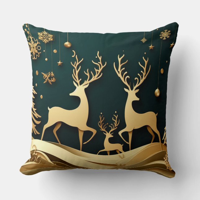 Golden Forest Waltz – Reindeer & Ornaments Cushion (Front)