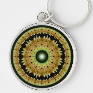 Golden fractal round mandala key ring
