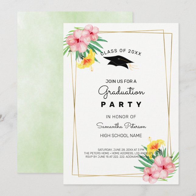 Golden Frame And Flowers Invitation (Front/Back)